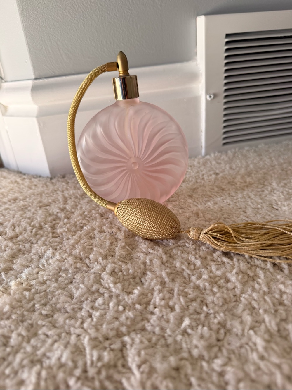 Fenton Pink Frosted Glass Atomizer with Gold Bulb and Tassel